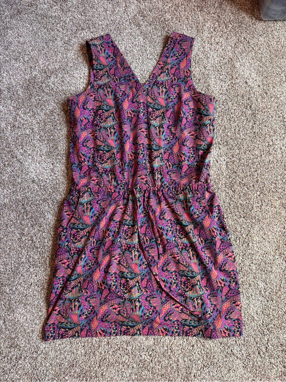Toad&Co Pink Floral V-Neck Sleeveless Dress with Teal & Black Accents